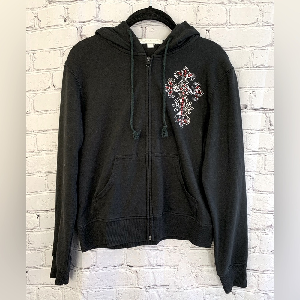 Black Cropped Hoodie with Rhinestone Gothic Cross Large
